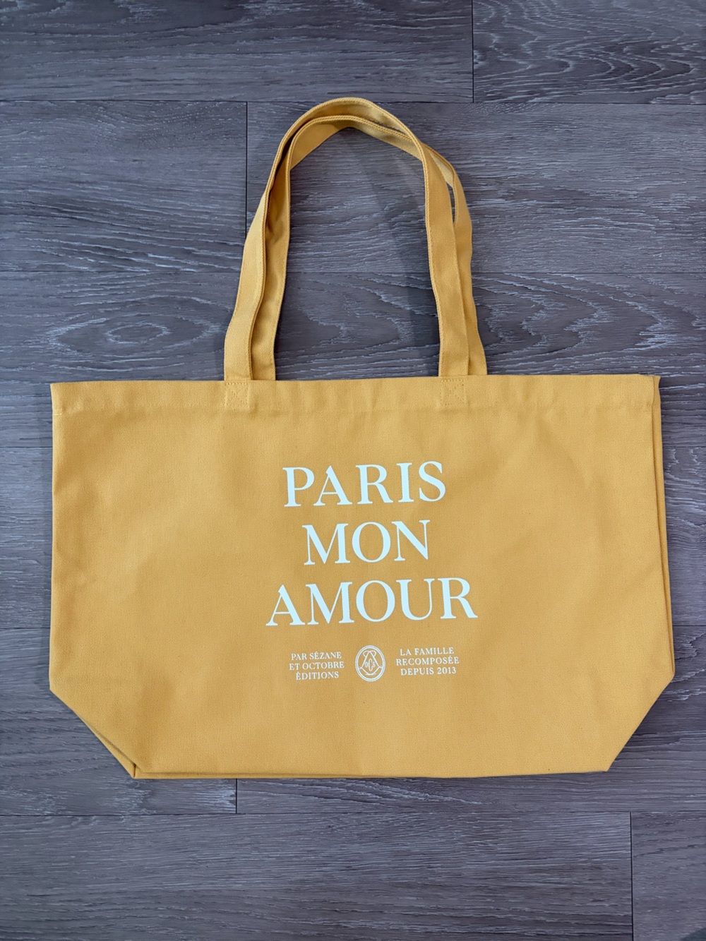 NWOT Sezane Mustard Canvas Tote with White Text